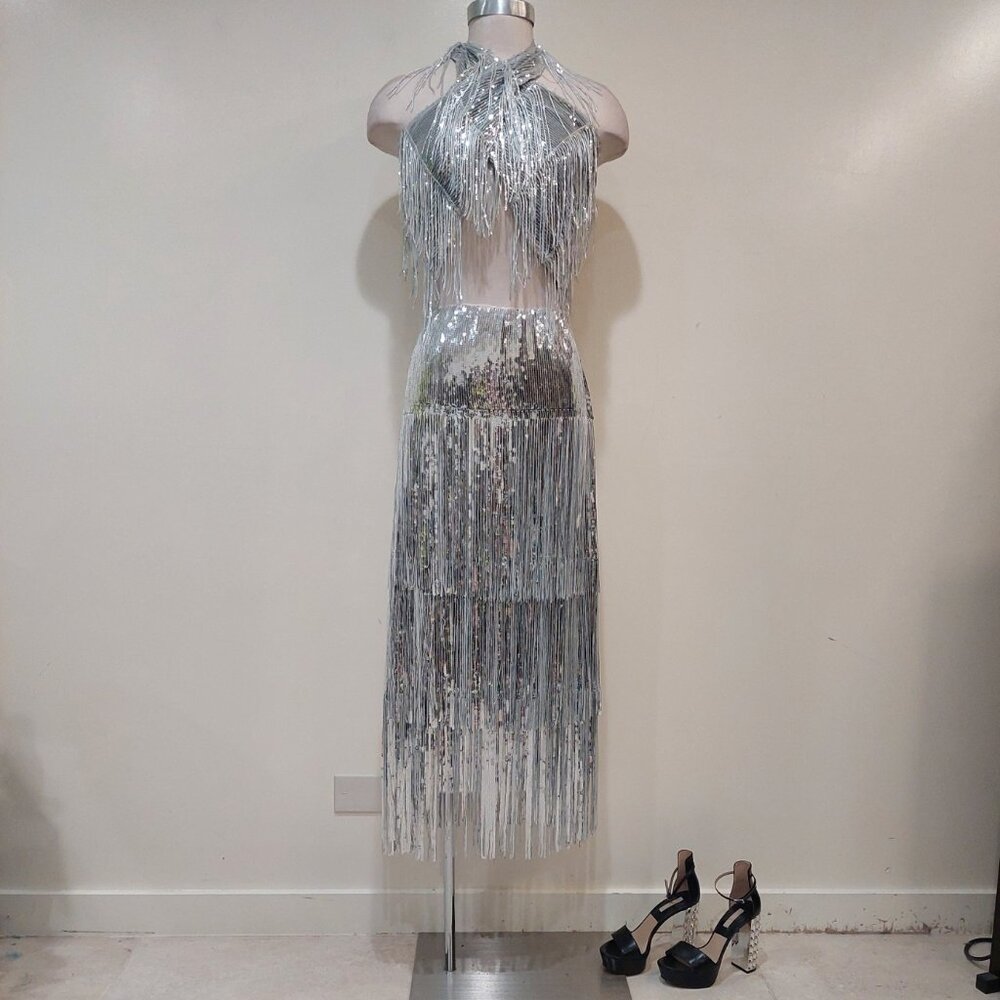 🖤💥UBER STUNNING!🖤💥Roaring 20s Vibe Tatiana Fringed Sequin Skirt in Silver - Picture 11 of 15